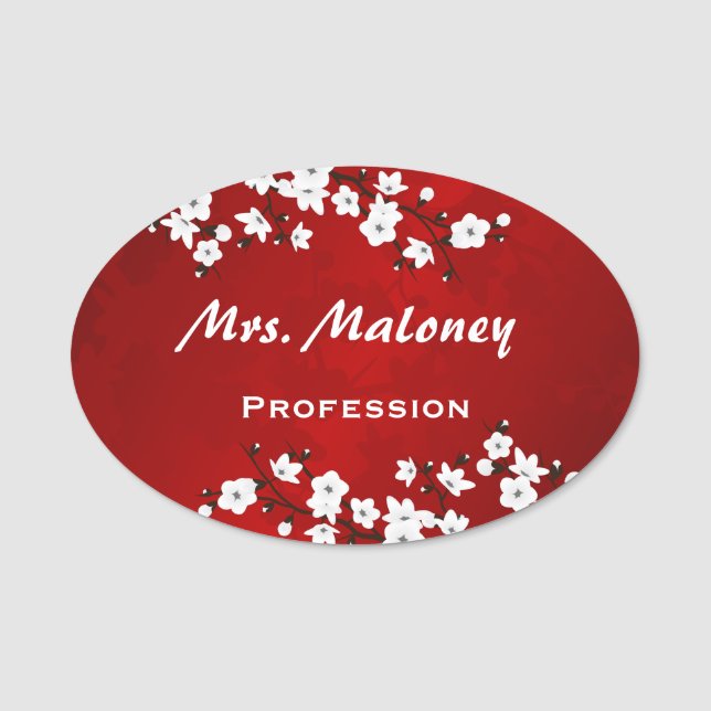 Asia Floral White Cherry Blossom Red Namensschild (Vorderseite)