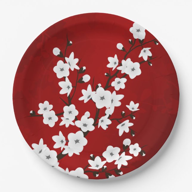 Asia Floral White Cherry Blossom Red Pappteller (Vorderseite)