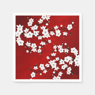 Asia Floral White Cherry Blossom Red Serviette