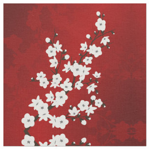 Asia Floral White Cherry Blossom Red Stoff