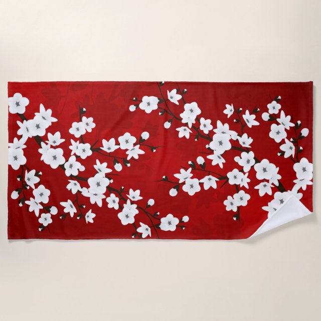Asia Floral White Cherry Blossom Red Strandtuch (Vorderseite)