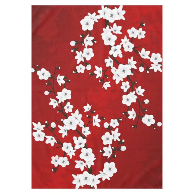 Asia Floral White Cherry Blossom Red Tischdecke (Vorderseite)