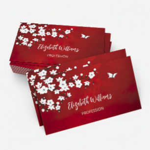 Asia Floral White Cherry Blossom Red Visitenkarte