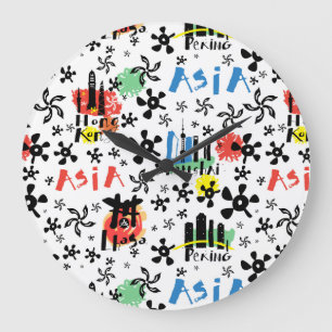 Asia Symbols Pattern Große Wanduhr