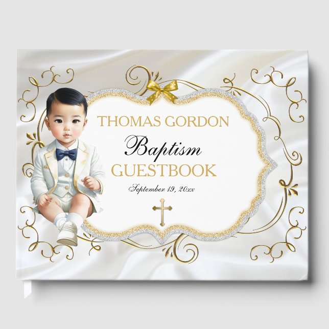 Asian Baby Boy Taufe Christening White & Gold Gästebuch (Vorderseite)