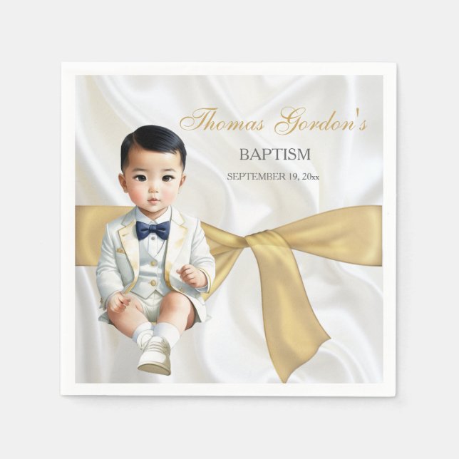 Asian Baby Boy Taufe Christening White & Gold Serviette (Vorderseite)