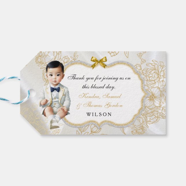 Asian Baby Boy Taufe Kommunion Gold White Geschenkanhänger (Rückseite Horizontal)