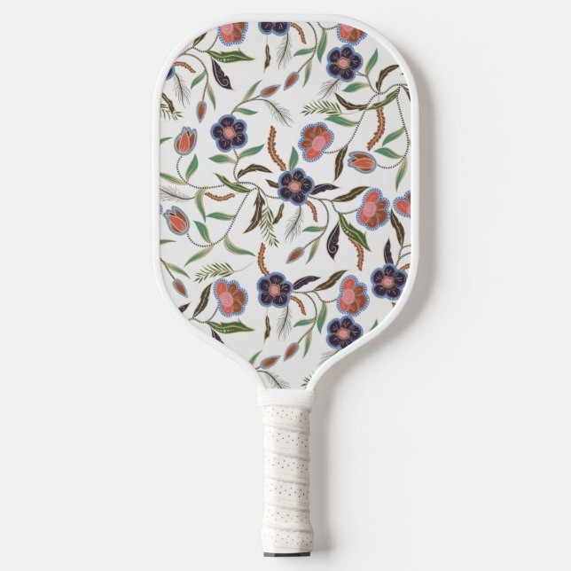 Asian Batik Style Abstraktes Blumenmuster auf Weiß Pickleball Schläger (Vorderseite)