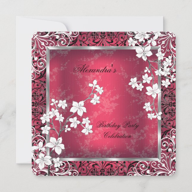 Asian Blossom Red White Black Lace Geburtstag Einladung (Vorderseite)
