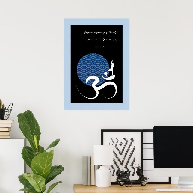Asian Blue Sun Yoga Modern Zen Calligraphy Om Om Poster (Heimbüro)