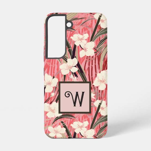 Asian Floral Pink Peach White Chinoiserie Monogram Samsung Galaxy Hülle (Rückseite)