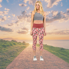 Asian Floral Print Pink Peach White Chinoiserie Capri Leggings