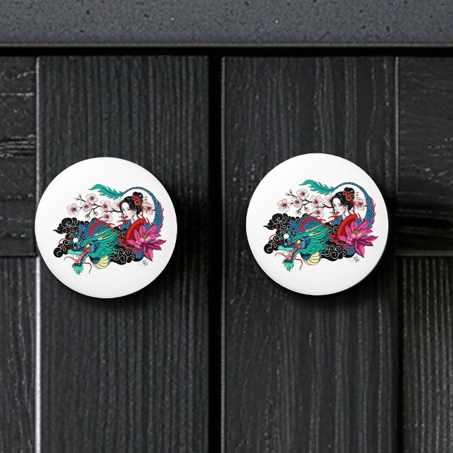 Asian Geisha Dragon Cherry Blossoms Blue Keramikknauf (Von Creator hochgeladen)