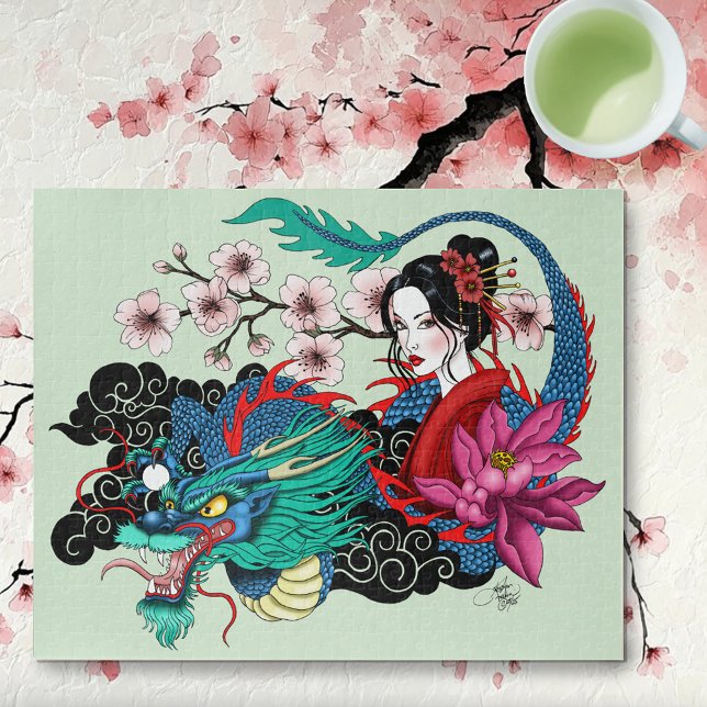 Asian Geisha Dragon Cherry Blossoms Blue Puzzle (Von Creator hochgeladen)