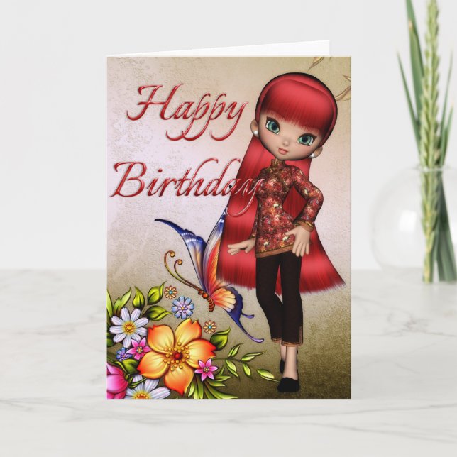 Asian Girl Beautiful Blume Happy Birthday Card 1 Karte (Vorderseite)