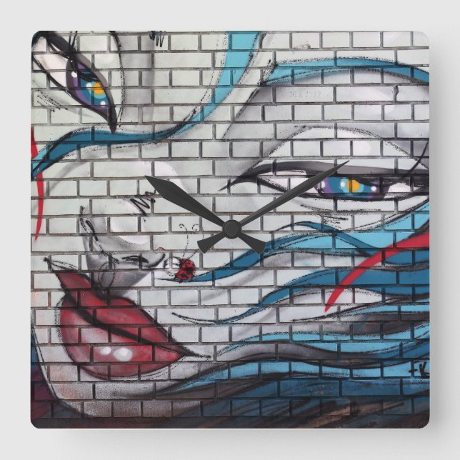 Asian Girl Graffiti Quadratische Wanduhr (Vorderseite)