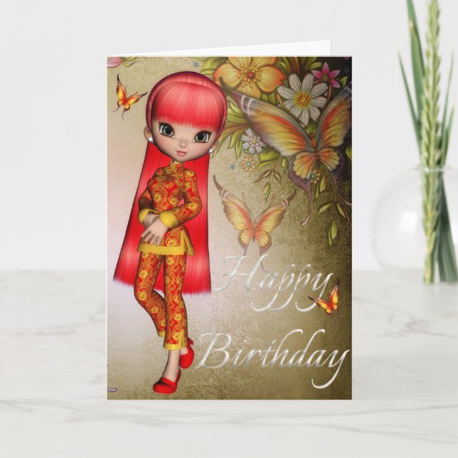 Asian Girl Schöne Blume Happy Birthday Card 3 Karte (Vorderseite)