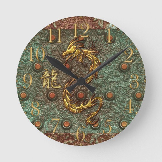 Asian Golden Dragon Rusty Metal Fantasy Art Clock Runde Wanduhr (Vorderseite)