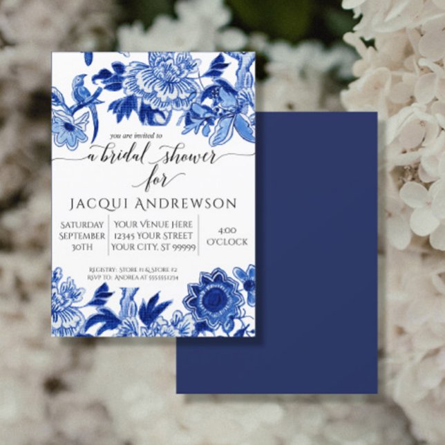 Asian Influence Blue White Floral 2 Bridal Shower Einladung (Von Creator hochgeladen)