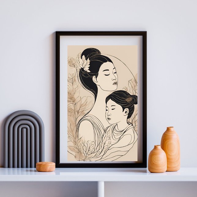 Asian Mother & Daughter – Minimalist Boho Line Art Poster (Von Creator hochgeladen)
