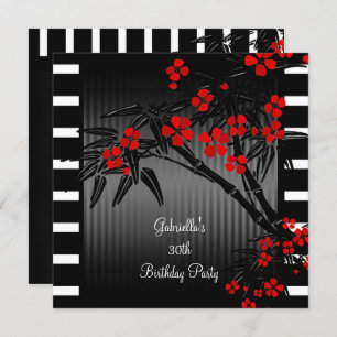 Asian Red Floral Schwarz-weiß Bamboo 30. Geburtsta Einladung