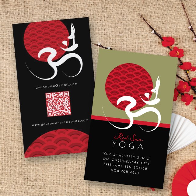 Asian Red Sun Yoga & Modern Zen Calligraphy Om Om Visitenkarte (Red Sun Yoga Spiritual Indian Meditate Modern Zen Calligraphy Om Aum Symbol Business Card @ fatfatin)
