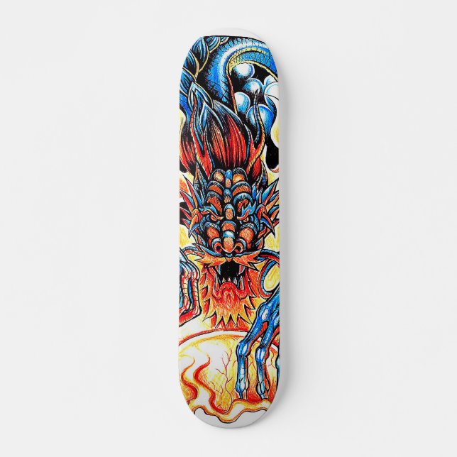 Asian tattoo blue dragon and flame orb cartoon skateboard (Vorne)