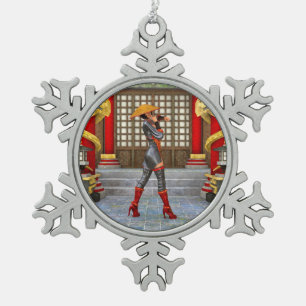 Asian Warrior Maiden Schneeflocken Zinn-Ornament