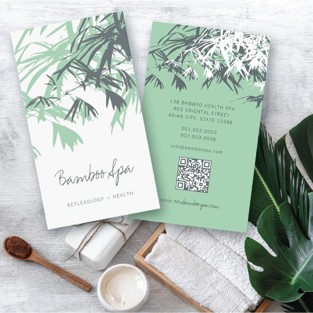 Asian Zen Red Bamboo Blätter Moderner Orientaler W Visitenkarte (Oriental Asian Bamboo Leaves Modern Zen Spa Business Card / Profile Card @ fatfatin_red_knot)