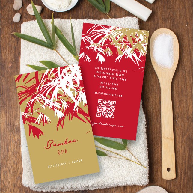 Asian Zen Red Bamboo Blätter Moderner Orientaler W Visitenkarte (Oriental Asian Bamboo Leaves Modern Zen Spa Business Card / Profile Card @ fatfatin_red_knot)