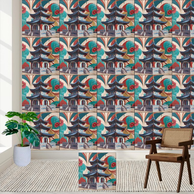Asiatisch Inspiriert Blumenmuseum Monte San Giorgi Fliese (Asian-Inspired Floral Art Chinoiserie Pagoda Tile)