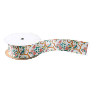 Asiatisch inspirierte Muster, farbenfrohe Blumen V Satinband