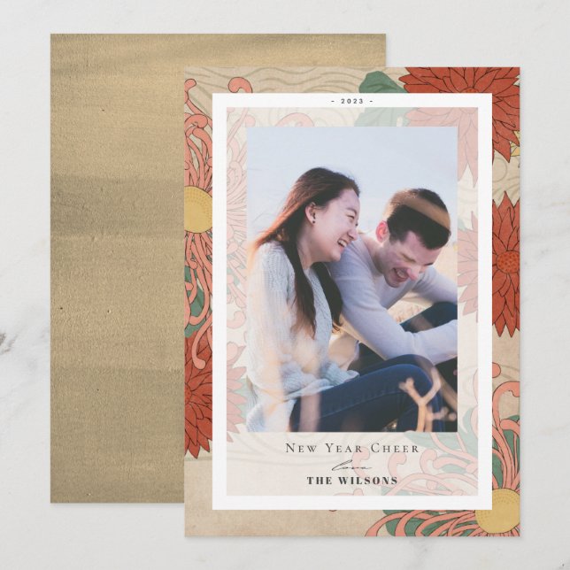 Asiatische Blumenmuster Neujahrsfotokarte Einladung (Vorne/Hinten)