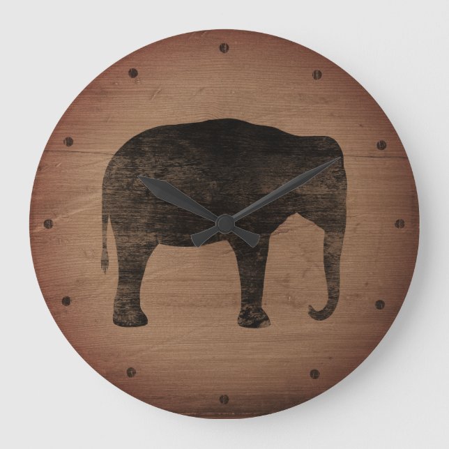 Asiatische Elefant-Silhouette Rustikaler Stil Große Wanduhr (Vorderseite)