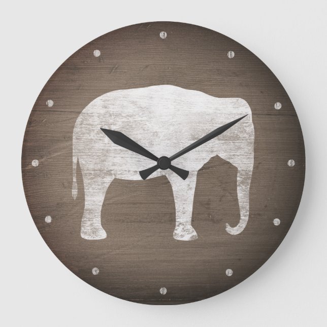 Asiatische Elefant-Silhouette Rustikaler Stil Große Wanduhr (Vorderseite)
