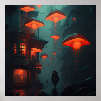 Asiatische Fantasy-Nachtstadt mit roten Laternen K Poster