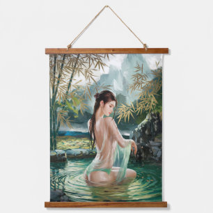 Asiatische Frau, die in einem Teich nahe dem Bambu Wandteppich Mit Holzrahmen