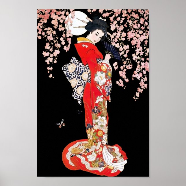 Asiatische Frau mit Cherry-Blossom-Nacht Poster (Vorne)