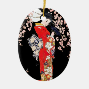 Asiatische Frau mit Kirschblüten-Nacht Keramik Ornament