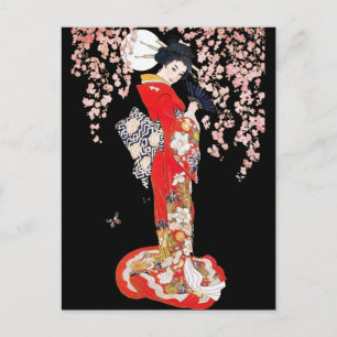 Asiatische Frau mit Kirschblütennacht Postkarte