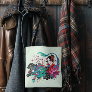 Asiatische Geisha-Drache Kirschblüten Blau