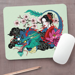 Asiatische Geisha-Drache Kirschblüten Blau Mousepad
