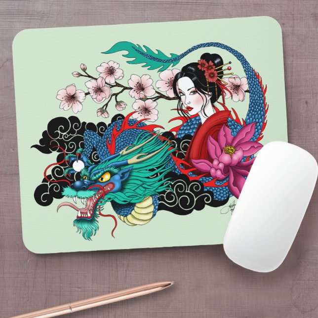 Asiatische Geisha-Drache Kirschblüten Blau Mousepad (Von Creator hochgeladen)