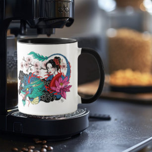 Asiatische Geisha-Drache Kirschblüten Blau Tasse