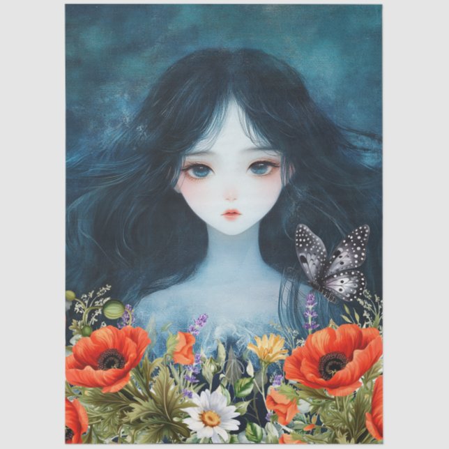 Asiatische Girl Wildblumen & Red Poppies Abstrakte Seidenpapier (Vorderseite)