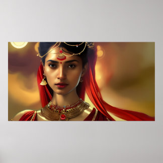 Asiatische Indianerin, farbenfroh rotes goldenes P Poster