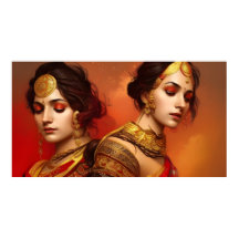 Asiatische indische Frauen 2 farbige rote goldene