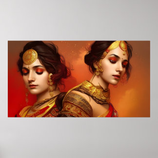 Asiatische indische Frauen 2 farbige rote goldene Poster