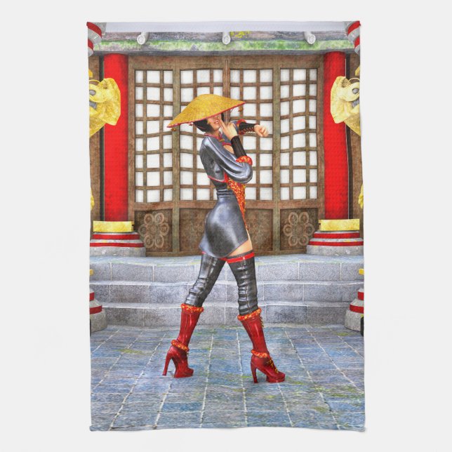 Asiatische Kriegerin Fantasy Samurai Kunstwerk Geschirrtuch (Vertikal)