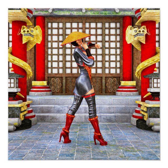 Asiatische Kriegerin Fantasy Samurai Kunstwerk Poster (Vorderseite)